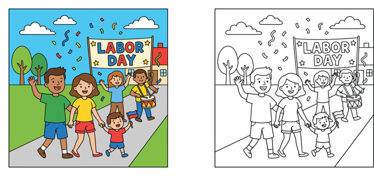 Labor Day celebration parade coloring page for kids, side-by-side colored and black and white line art outline vector illustration of a family celebrating