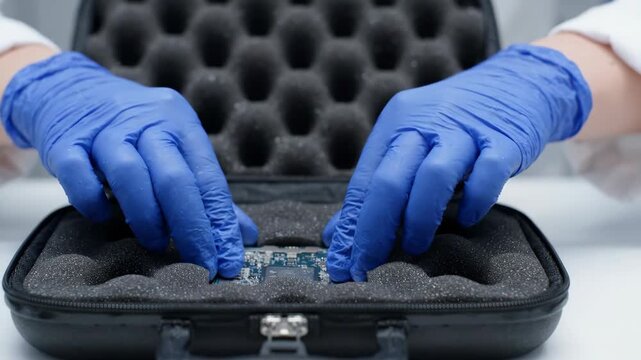 Scientist hands wearing blue gloves holding electronic circuit board and component carefully over protective foam case showing precision and care