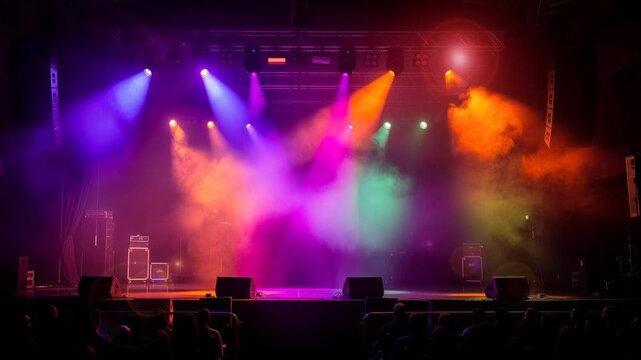 Colorful stage lighting with vibrant smoke effects and empty concert setup in a dark venue