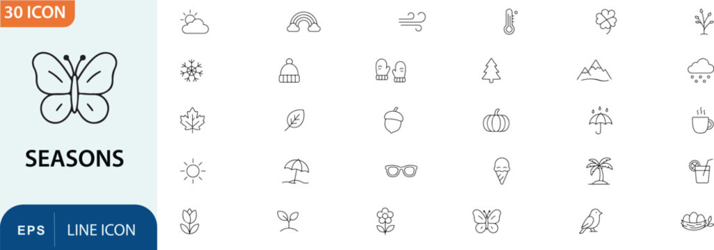 Seasons weather icons set spring summer autumn winter line art collection