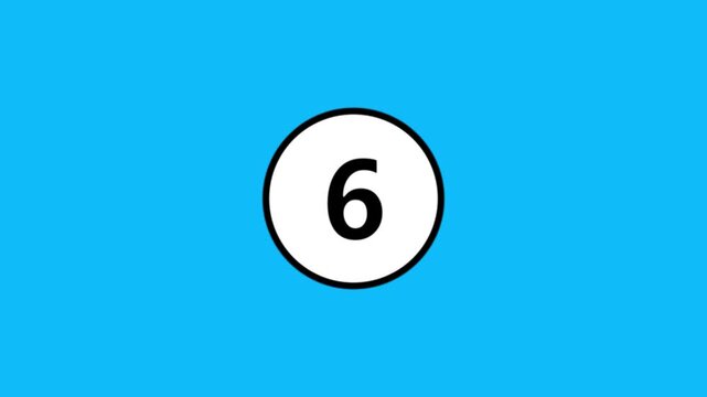 White circle graphic with number six appearing on blue background motion footage.