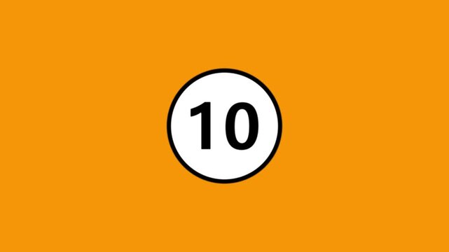 Countdown timer with number ten on white circle against vibrant orange background motion graphic.