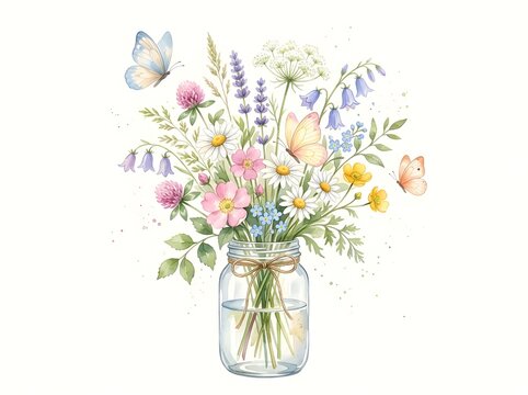 Watercolor wildflower bouquet in glass mason jar