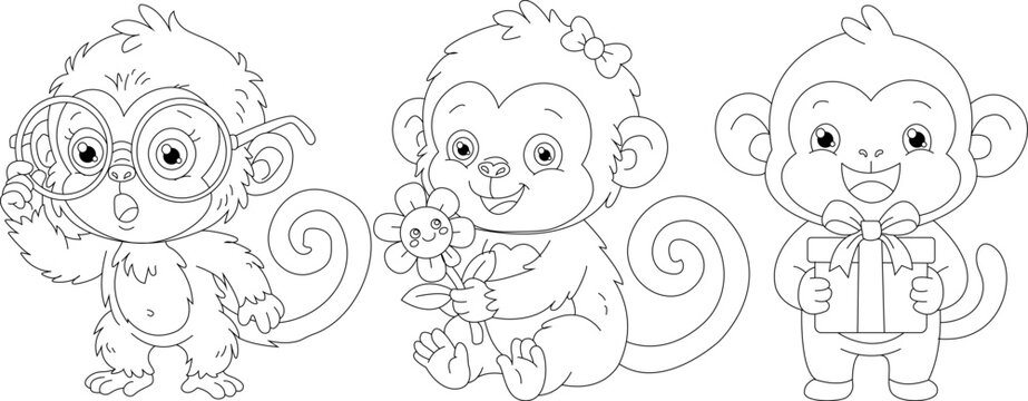 Cute Baby Monkey Coloring Page Collection Vector Illustration Bundle

