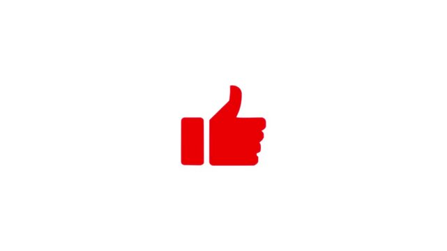 Red thumbs up icon animated on white background for social media like and approval button.