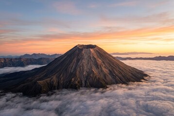 Fototapeta premium Volcano peak above clouds at sunrise with dramatic sky