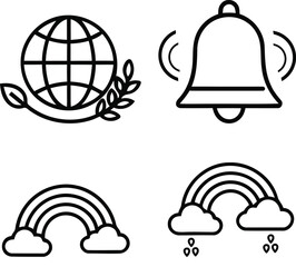Fototapeta premium International Peace Day Minimal Outline Icons Set with Peace Globe, Bell and Rainbow Line Vector Collection