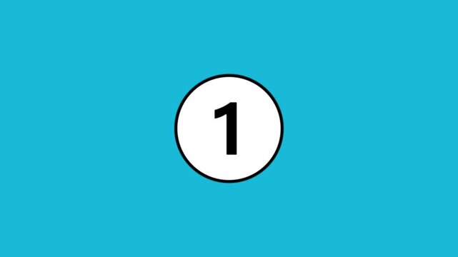 Number one animation on white circle with black outline and blue background zoom in.