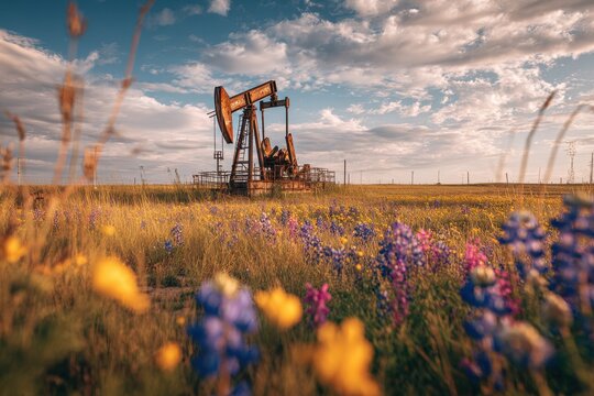 Rusty oil pump among colorful blossoms in a Texan countryside landscape