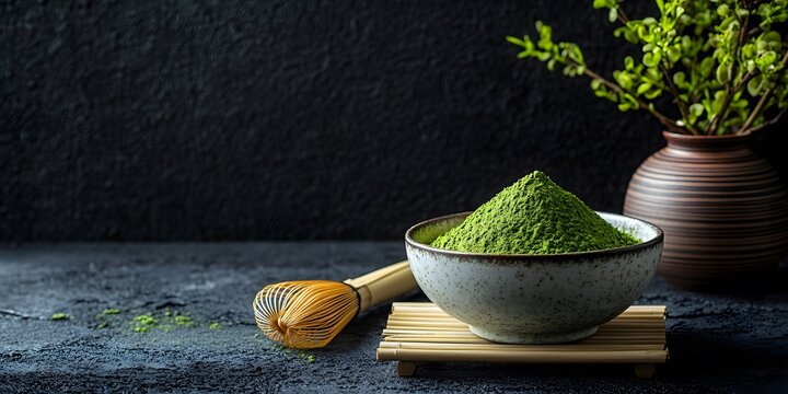 Green tea powder in a ceramic bowl with bamboo whisk and plant