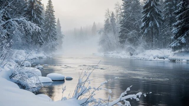 Winter river landscape with snow covered trees and calm water in a misty forest scene