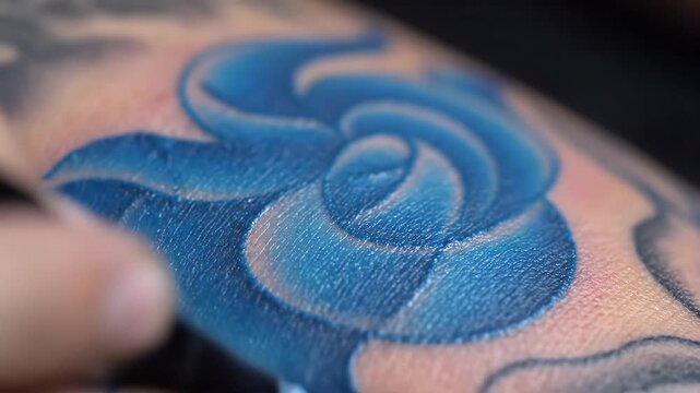 Vibrant blue rose tattoo on skin showcasing intricate details and texture