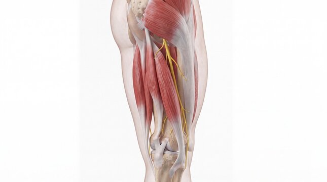 Hamstring muscle thigh anatomy leg muscle nerve tendon human body medical illustration posterior view muscle fiber skeletal system educational detailed realistic