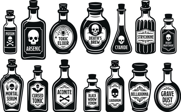 Vintage Halloween Apothecary Bottles Vector Set With Spooky Poison Labels And Witchy Potion Flasks Graphic Elements