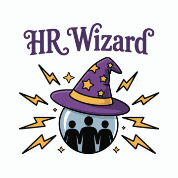 A creative illustration featuring the text HR Wizard with magic elements
