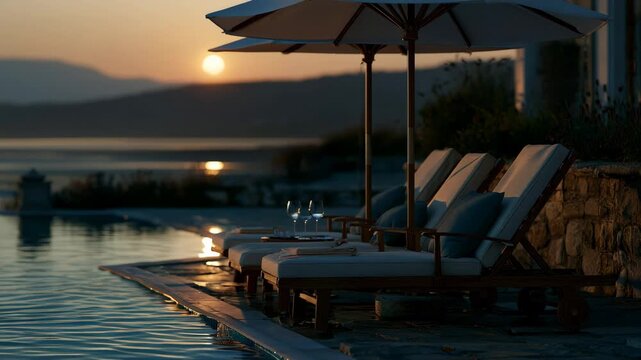 Luxury resort poolside loungers at sunset with wine glasses and calm water