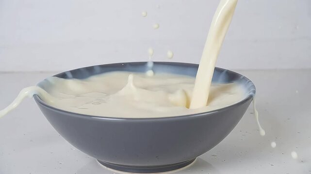 Gray ceramic bowl filled with creamy liquid
