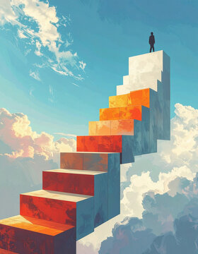 A surreal conceptual illustration showing a tiny silhouette standing atop a towering, colorful floating staircase in the sky, evoking feelings of success, ambition, and achievement.