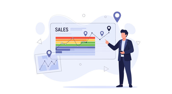 Businessman Analyzing Sales Data and Growth Trends with a Digital Chart and Graphs