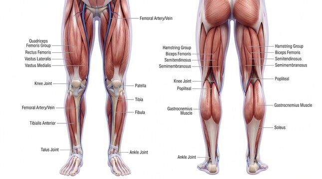 Human leg muscle anatomy front and back view showing quadriceps hamstring group gastrocnemius soleus tibialis anterior femoral artery and major joints
