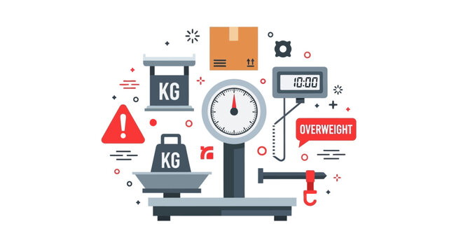 Industrial Weighing Scales and Logistics Shipping Equipment Flat Vector Concept with Overweight Warning and Cargo Weight Measurement Icons