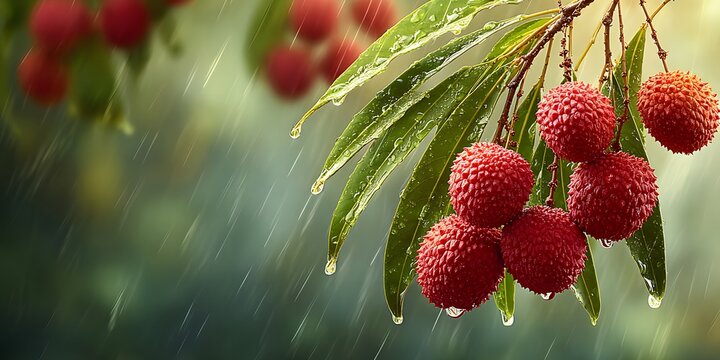 Red lychee fruits on a wet branch in the rain green leaves
