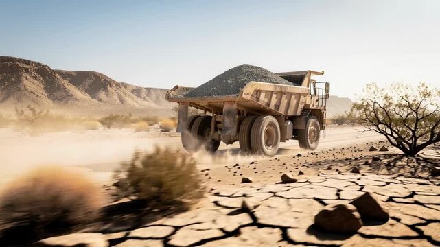 Heavy dump truck transporting gravel in dry desert landscape with mountains and cracked earth