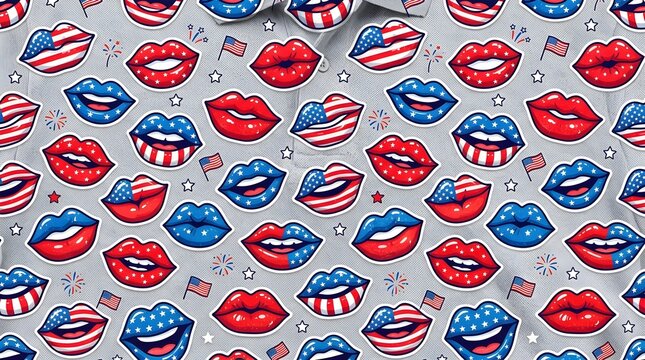Playful Cartoon Lips Pattern Adorned with American Flag Stars and Stripes