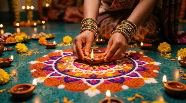 Diwali celebration hands lighting a traditional oil lamp amidst rangoli art