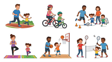 Fototapeta premium Active family sports and fitness character illustration pack, parents and kids exercising together vector