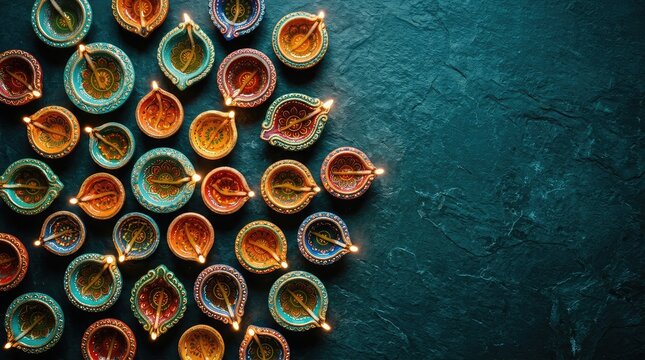 Diwali celebration colorful clay diyas on dark slate background