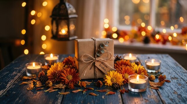 Autumn gift presentation with candles and fall foliage