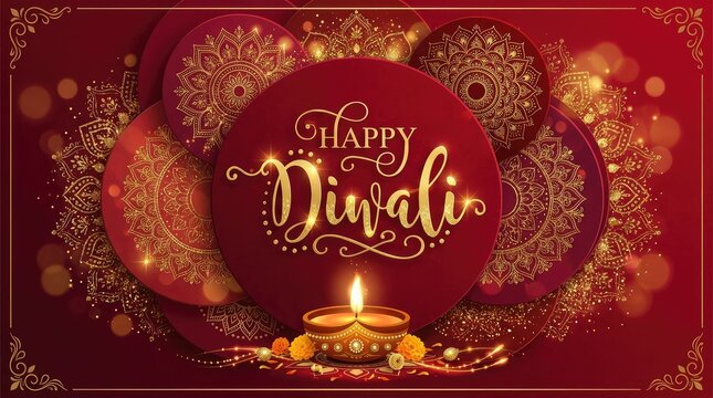 Happy diwali celebration illuminated lamp and intricate mandala design