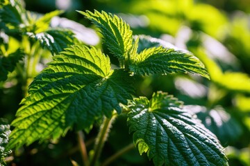 Fresh nettle leaves glowing in bright sunlight within a lush garden macro shot for herbal medicine and wellness marketing © Ixam