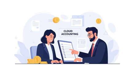 Fototapeta premium Cloud Accounting Team Collaborating on Financial Data with Laptop and Coins - Business Concept Illustration