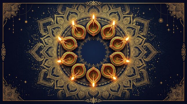 Golden diwali lamps arrangement in ornate mandala design on dark blue