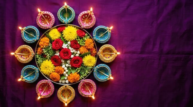 Diwali floral arrangement with diyas festive indian celebration decor