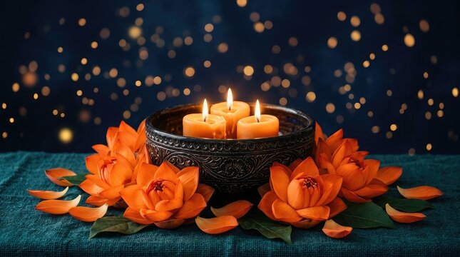 Warm candlelight and lotus blooms a serene still life composition