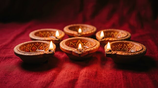 Diwali celebration traditional clay lamps diyas lit against a red background