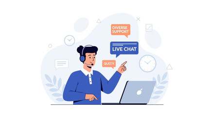 Obraz premium Customer Service Representative with Headset and Laptop, Offering Live Chat Support and Diverse Assistance
