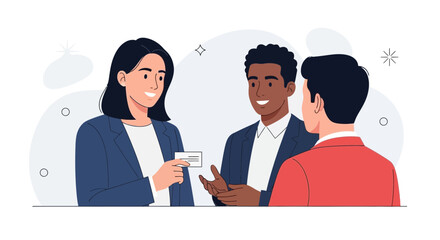 Fototapeta premium Diverse business people exchanging business cards in a professional meeting, vector illustration