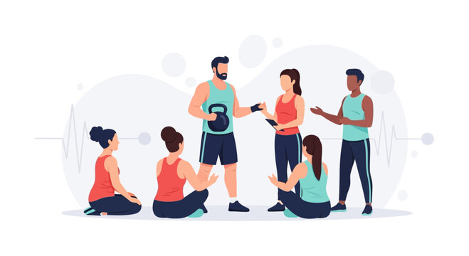 Diverse group of people in fitness class with instructor holding kettlebell, illustration style