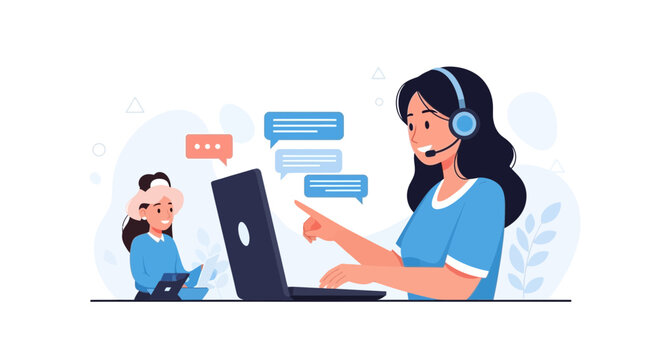 Customer Service Team, Online Communication and Support with Laptops and Chat Bubbles - Flat Design Vector Illustration