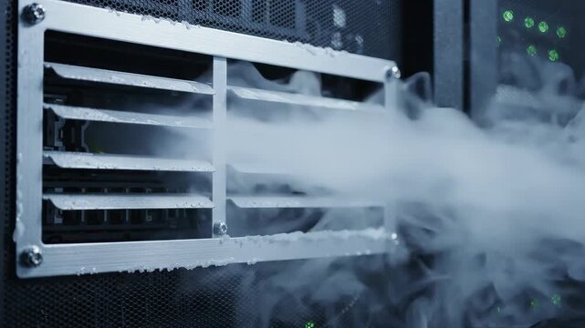 Cold air vent blowing mist from server cooling system ventilation grate with metal grille fog and green indicator lights in data center