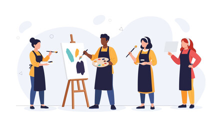 Obraz premium Diverse Group of People Painting Together in Art Class or Studio, Modern Flat Illustration