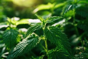 Wild stinging nettle plants growing in a sunlit forest in a sharp macro shot for herbal medicine and natural wellness marketing © Ixam
