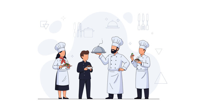 Diverse culinary team in chef uniforms presenting gourmet dishes in a modern flat illustration style.