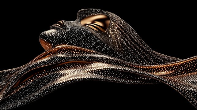 Glamorous artwork features a woman's face composed of shimmering dots & flowing fabric