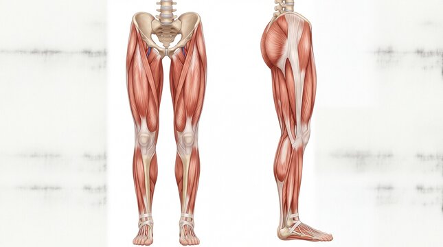 Front and side view of human leg anatomy showing detailed muscle structure, including thigh, calf, and hip muscles, with realistic illustration style for educational or medical use