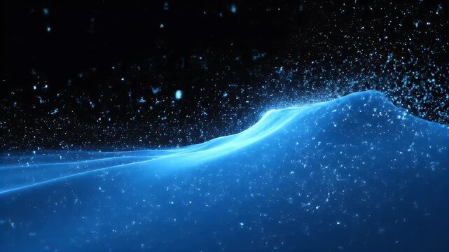 Bioluminescent particles suspended above a glowing blue wave crest on a dark background